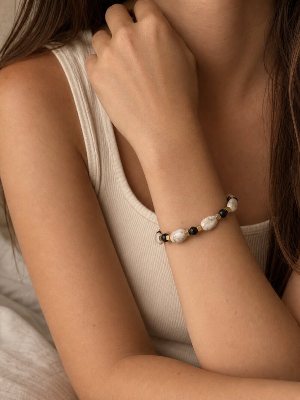 Designs by Forte White Howlite Lava Rock Stretch Bracelet Gold Cube Accents